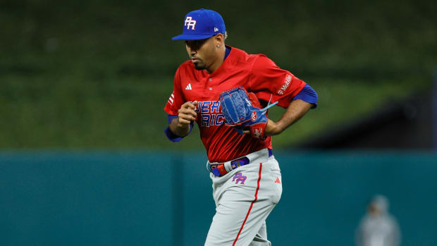 Puerto Rico relief pitcher Edwin Diaz (39) enters the game against the Dominican Republic in the World Baseball Classic.