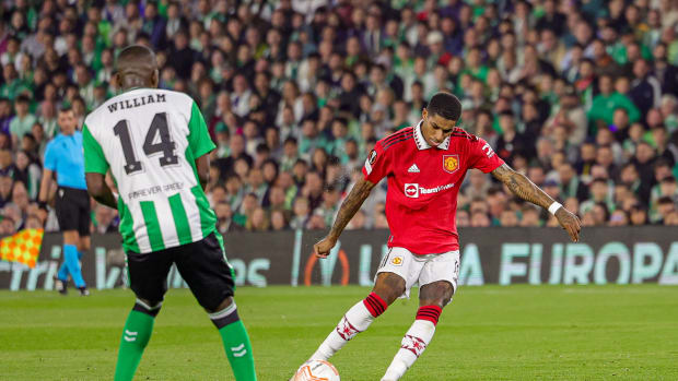 Marcus Rashford pictured (right) scoring his 25th European goal for Manchester United, in a game against Real Betis in March 2023