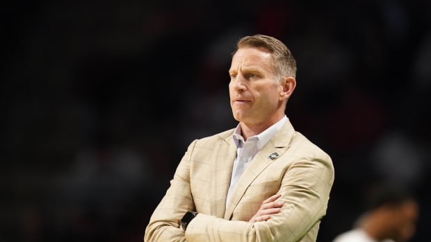 Mar 16, 2023; Birmingham, AL, USA; Alabama Crimson Tide head coach Nate Oats reacts against the Texas A&M-CC Islanders during the first half in the first round of the 2023 NCAA Tournament at Legacy Arena. Mandatory Credit: Marvin Gentry-USA TODAY Sports