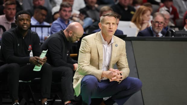 Mar 16, 2023; Birmingham, AL, USA; Alabama Crimson Tide head coach Nate Oats looks on against the Texas A&M-CC Islanders during the first half in the first round of the 2023 NCAA Tournament at Legacy Arena. Mandatory Credit: Vasha Hunt-USA TODAY Sports