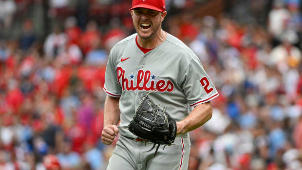 Jul 9, 2022; St. Louis, Missouri, USA; Philadelphia Phillies relief pitcher Corey Knebel (23) reacts after closing out the ninth inning in a victory against the St. Louis Cardinals at Busch Stadium.