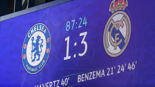 The scoreboard at Stamford Bridge pictured reading: "Chelsea 1-3 Real Madrid", during a game in April 2022