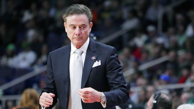 Mar 17, 2023; Albany, NY, USA; Iona Gaels head coach Rick Pitino looks on against the UConn Huskies during the first half at MVP Arena.