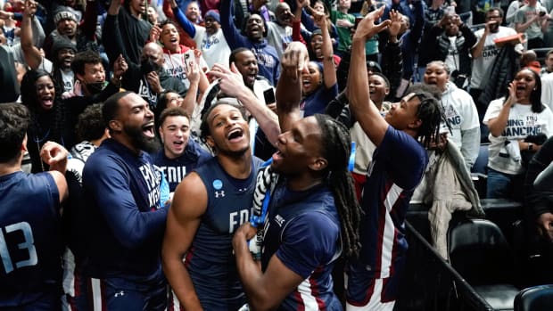 Fairleigh Dickinson players celebrate beating Purdue 63-58 after a first-round college basketball game in the NCAA Tournament Friday, March 17, 2023, in Columbus, Ohio. (AP Photo/Paul Sancya)