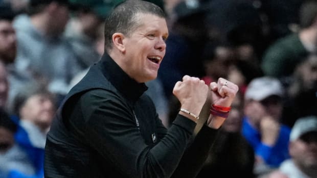 Fairleigh Dickinson head coach Tobin Anderson reacts after a basket against Purdue in the second half of a first-round college basketball game in the men’s NCAA Tournament in Columbus, Ohio, Friday, March 17, 2023. (AP Photo/Michael Conroy)
