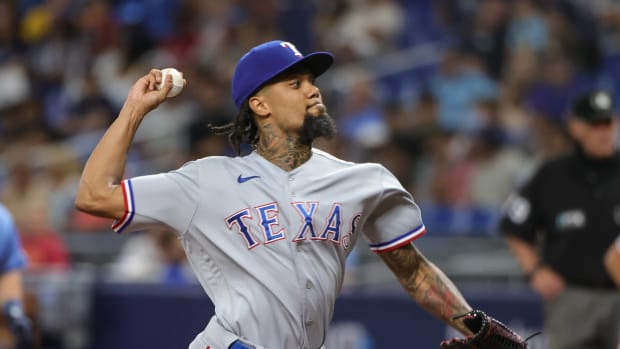 Sep 17, 2022; St. Petersburg, Florida, USA; Texas Rangers relief pitcher Dennis Santana (19) throws a pitch during the sixth inning against the Tampa Bay Rays at Tropicana Field.