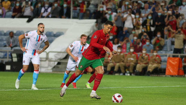 Cristiano Ronaldo pictured scoring for Portugal against Luxembourg in October 2021