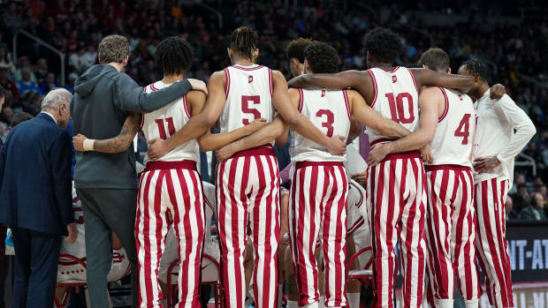 Indiana Hoosiers players during a timeout in the first half against the Kent State Golden Flashes at MVP Arena.
