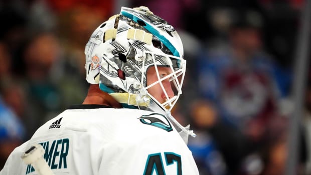 San Jose Sharks goaltender James Reimer (47) during in the second period against the Colorado Avalanche at Ball Arena.