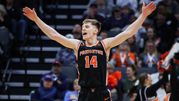 Princeton Tigers guard Matt Allocco (14) reacts during the first half of a game against the Missouri Tigers.