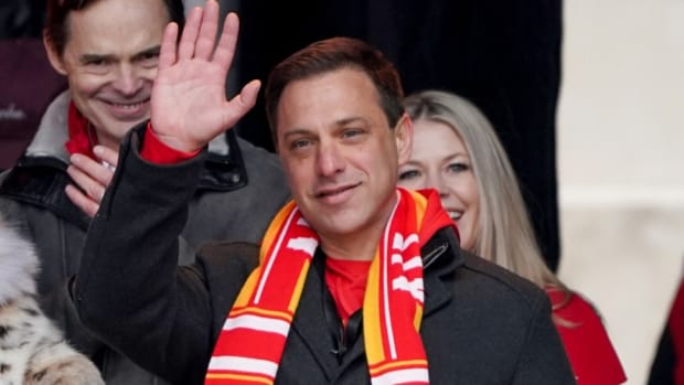 Feb 15, 2023; Kansas City, MO, USA; Kansas City Chiefs general manager Brett Veach is introduced during the Super Bowl Champions parade and celebration at Union Station. Mandatory Credit: Denny Medley-USA TODAY Sports