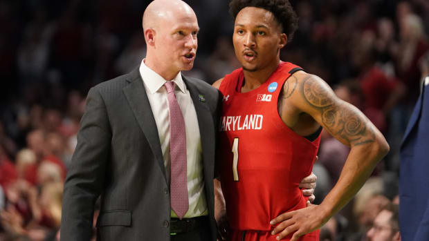 Mar 18, 2023; Birmingham, AL, USA; Maryland Terrapins head coach Kevin Willard talks to guard Jahmir Young (1) during the second half at Legacy Arena. Mandatory Credit: Marvin Gentry-USA TODAY Sports