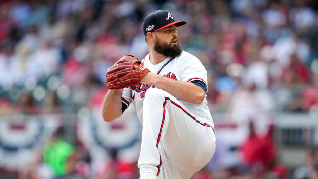 Oct 11, 2022; Atlanta, Georgia, USA; Atlanta Braves relief pitcher Jackson Stephens (53) throws against the Philadelphia Phillies in the eighth inning during game one of the NLDS for the 2022 MLB Playoffs at Truist Park.
