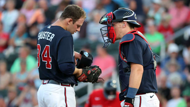Mar 7, 2023; North Port, Florida, USA; Atlanta Braves pitcher Jared Shuster (84) talks with catcher Sean Murphy (12) during the second inning against the Boston Red Sox at CoolToday Park.