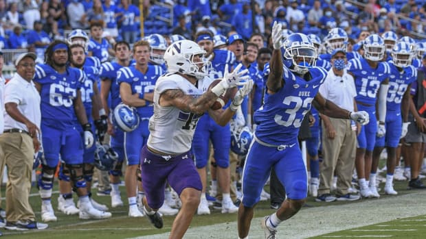 Sep 18, 2021; Durham, North Carolina, USA; Northwestern Wildcats wide receiver Bryce Kirtz (17) drops a pass while guarded by Duke Blue Devils cornerback Leonard Johnson (33) during the third quarter at Wallace Wade Stadium.