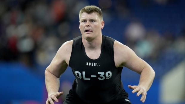 Mar 5, 2023; Indianapolis, IN, USA; Minnesota offensive lineman John Michael Schmitz, Jr. (OL39) during the NFL Scouting Combine at Lucas Oil Stadium.