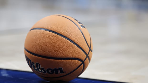 Mar 19, 2023; Columbus, OH, USA; A game ball sits on the court in the game between the Fairleigh Dickinson Knights and the Florida Atlantic Owls at Nationwide Arena.