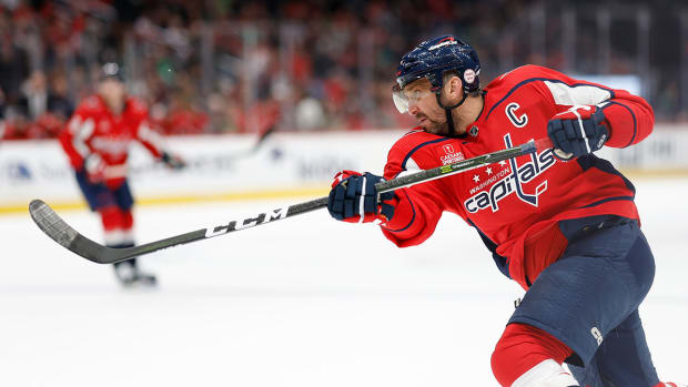 Washington Capitals left wing Alex Ovechkin (8) shoots the puck against the St. Louis Blues