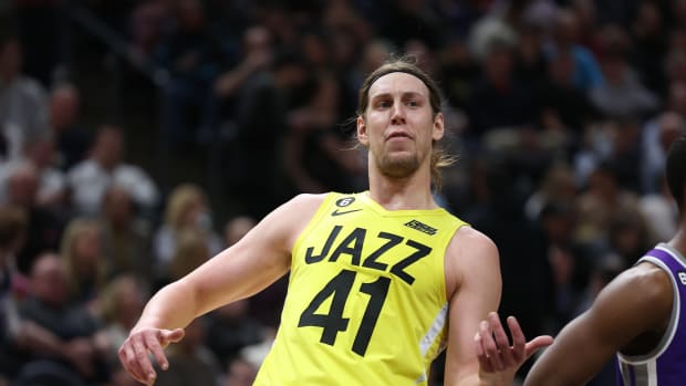 Utah Jazz forward Kelly Olynyk (41) reacts to a call against the Sacramento Kings in the second quarter at Vivint Arena.