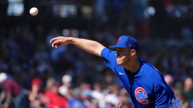 Mar 4, 2023; Mesa, Arizona, USA; Chicago Cubs starting pitcher Jameson Taillon (50) pitches against the Los Angeles Angels during the first inning at Sloan Park. Mandatory Credit: Joe Camporeale-USA TODAY Sports