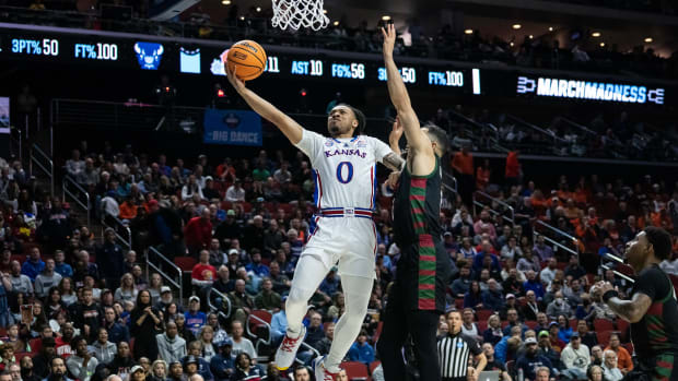 Kansas' Bobby Pettiford Jr. shoots the ball during the NCAA men's basketball tournament first round match-up between Kansas and Howard, on Thursday, March 16, 2023, at Wells Fargo Arena, in Des Moines, Iowa.