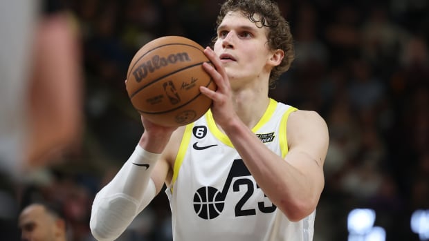 Utah Jazz forward Lauri Markkanen (23) shoots a free throw against the Portland Trail Blazers in the fourth quarter at Vivint Arena.