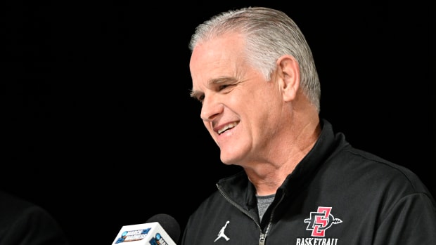 Mar 23, 2023; Louisville, KY, USA; San Diego State Aztecs head coach Brian Dutcher answers questions during a press conference for their NCAA Tournament South Region game at KFC YUM! Center. Mandatory Credit: Jamie Rhodes-USA TODAY Sports