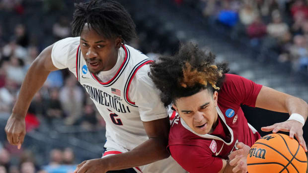 Razorbacks' Anthony Black drives with the ball against UConn in the Sweet 16 on Thursday night.
