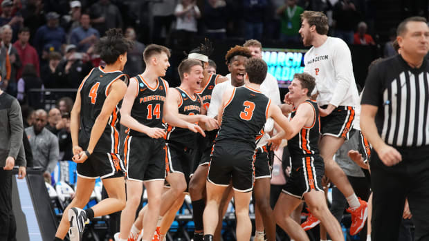 Princeton men’s hoops team celebrate its first-round win in the NCAA Tournament.