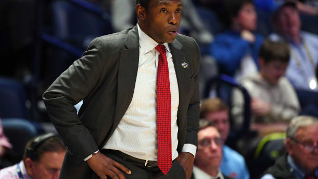 Alabama Crimson Tide head coach Avery Johnson looks on from the sideline against the Mississippi Rebels during the first half of the SEC conference tournament at Bridgestone Arena.