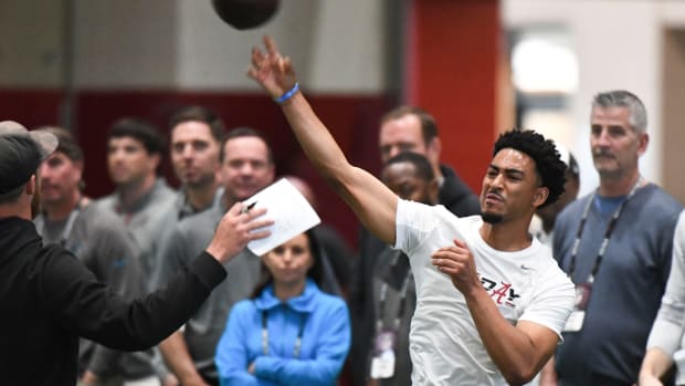 Mar 23, 2023; Tuscaloosa, AL, USA; Quarterback Bryce Young throws during Pro Day at Hank Crisp Indoor Practice Facility on the campus of the University of Alabama. Mandatory Credit: Gary Cosby Jr.-Tuscaloosa News Ncaa Football University Of Alabama Pro Day
