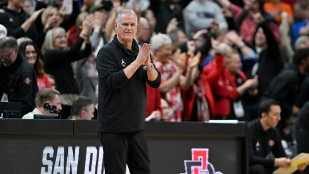 Mar 24, 2023; Louisville, KY, USA; San Diego State Aztecs head coach Brian Dutcher reacts during the second half of the NCAA tournament round of sixteen against the Alabama Crimson Tide at KFC YUM! Center. Mandatory Credit: Jamie Rhodes-USA TODAY Sports