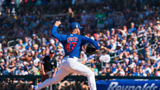 Mar 12, 2023; Mesa, Arizona, USA; Chicago Cubs pitcher Brandon Hughes (47) on the mound in the ninth inning during a spring training game against the Milwaukee Brewers at Sloan Park. Mandatory Credit: Allan Henry-USA TODAY Sports.