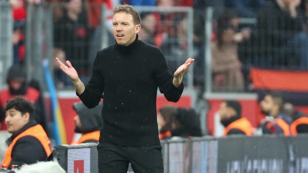Julian Nagelsmann pictured during his final game as Bayern Munich manager - a 2-1 loss at Bayer Leverkusen in March 2023