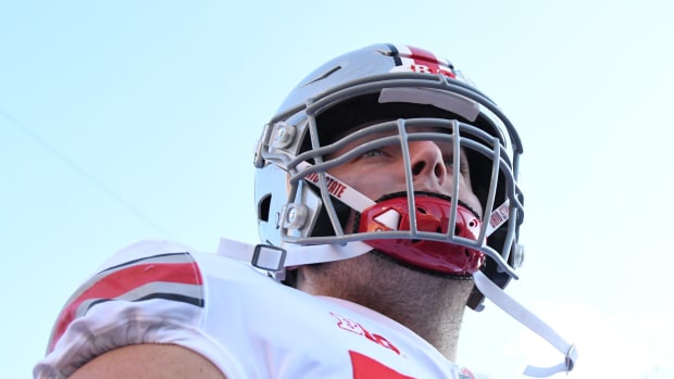 Nov 19, 2022; College Park, Maryland, USA; Ohio State Buckeyes offensive lineman Luke Wypler (53) takes the field before the game against the Maryland Terrapinsat SECU Stadium.