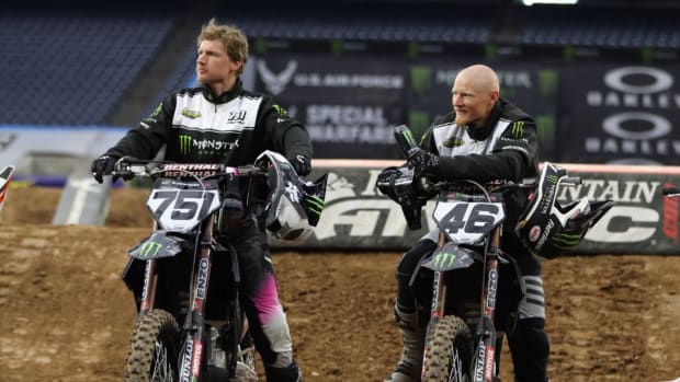 Josh and Justin Hill became the first brothers since 1974 to finish together in the top 10 in a Supercross event, doing so last weekend at Detroit. Photo courtesy Feld Entertainment.