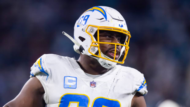 Chargers defensive end Sebastian Joseph-Day takes the field during the 2022 wild-card game vs. the Jaguars.