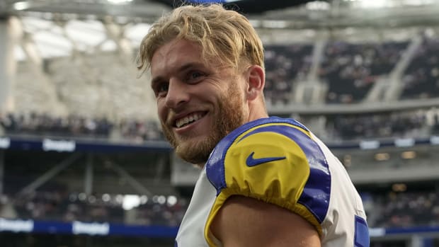 Rams wide receiver Cooper Kupp (10) reacts before the game against the Bills at SoFi Stadium.