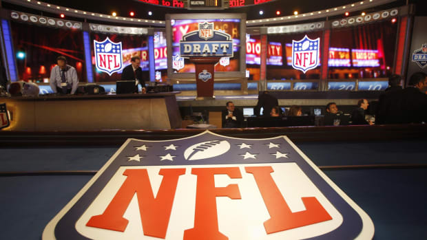 Apr 26, 2012; New York, NY, USA; A general view of the NFL shield logo before the 2012 NFL Draft at Radio City Music Hall. Mandatory Credit: Jerry Lai-USA TODAY Sports