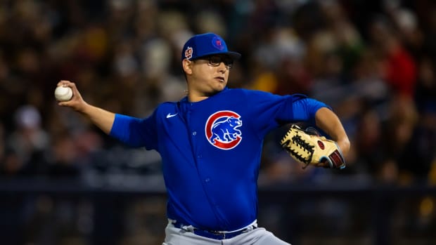 Mar 3, 2023; Peoria, Arizona, USA; Chicago Cubs pitcher Javier Assad against the San Diego Padres during a spring training game at Peoria Sports Complex. Mandatory Credit: Mark J. Rebilas-USA TODAY Sports
