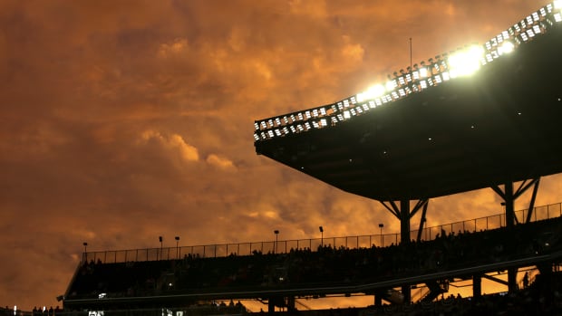 Oct 12, 2022; Atlanta, Georgia, USA; The sun sets behind the stadium prior to the game between the Philadelphia Phillies and the Atlanta Braves during game two of the NLDS for the 2022 MLB Playoffs at Truist Park.