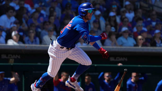 Mar 27, 2023; Mesa, Arizona, USA; Chicago Cubs second baseman Miles Mastrobuoni (20) hits against the Chicago White Sox in the second inning at Sloan Park. Mandatory Credit: Rick Scuteri-USA TODAY Sports