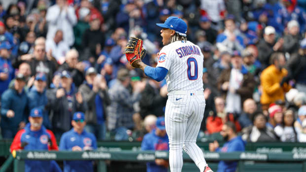 Mar 30, 2023; Chicago, Illinois, USA; Chicago Cubs starting pitcher Marcus Stroman (0) reacts after delivering during the third inning against the Milwaukee Brewers at Wrigley Field. Mandatory Credit: Kamil Krzaczynski-USA TODAY Sports