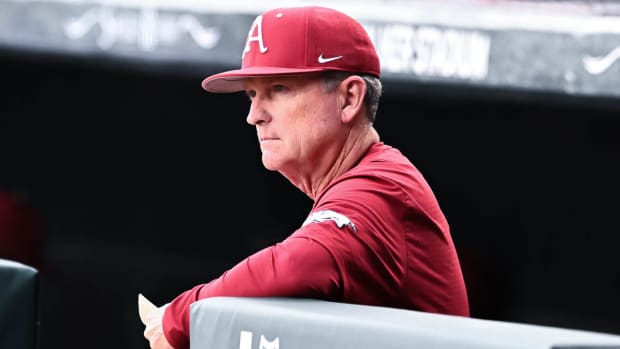 Razorbacks' Dave Van Horn in the dugout in the first inning against Alabama on Friday evening.