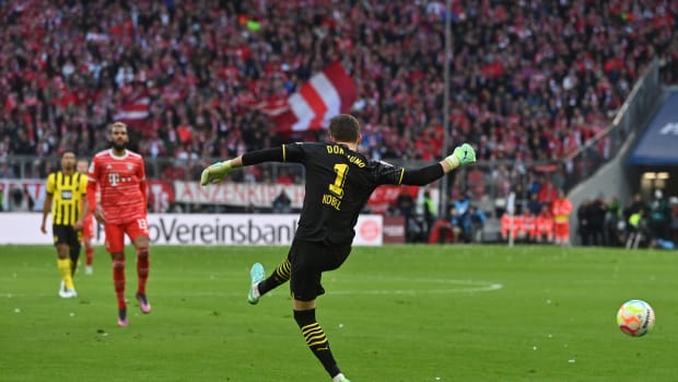 Borussia Dortmund goalkeeper Gregor Kobel pictured scoring an own goal against Bayern Munich in April 2023