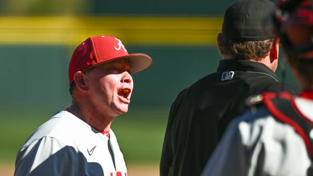 Alabama baseball coach Brad Bohannon argues a call at Arkansas - April 1, 2023