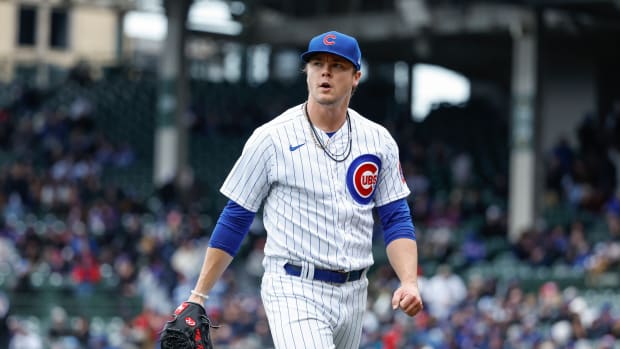Apr 1, 2023; Chicago, Illinois, USA; Chicago Cubs starting pitcher Justin Steele (35) returns to dugout after delivering against the Milwaukee Brewers during the first inning at Wrigley Field. Mandatory Credit: Kamil Krzaczynski-USA TODAY Sports