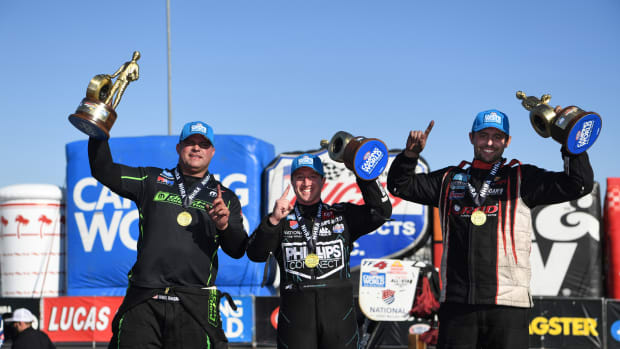 Pomona winners (from left): Matt Hagan (Funny Car), Justin Ashley (Top Fuel) and Dallas Glenn (Pro Stock). Photo courtesy NHRA.