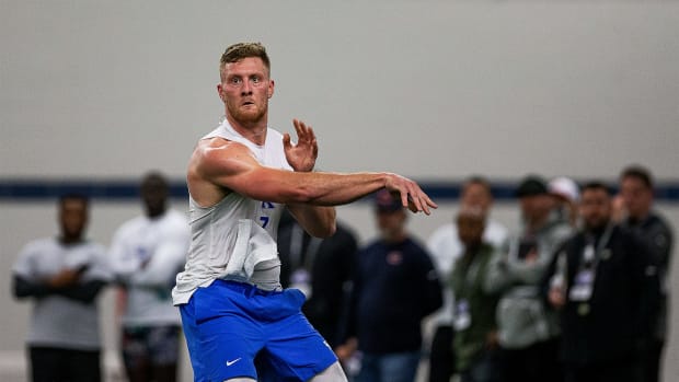 University of Kentucky senior quarterback Will Levis showed off his passing form while being watched by NFL scouts during a Pro Day workout at Nutter Field House in Lexington, Ky., on Friday, Mar. 24, 2023