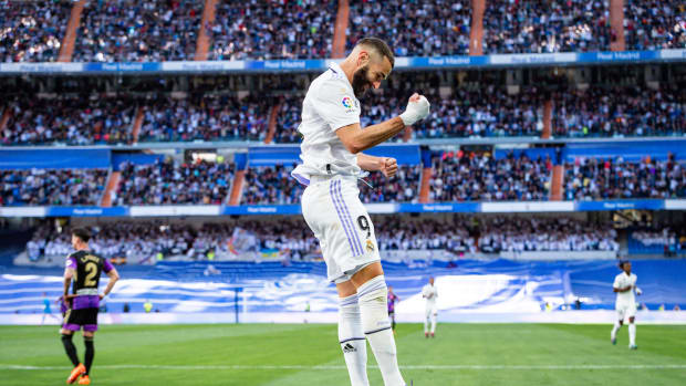 Karim Benzema pictured celebrating after scoring a hat-trick of goals for Real Madrid against Real Valladolid in April 2023